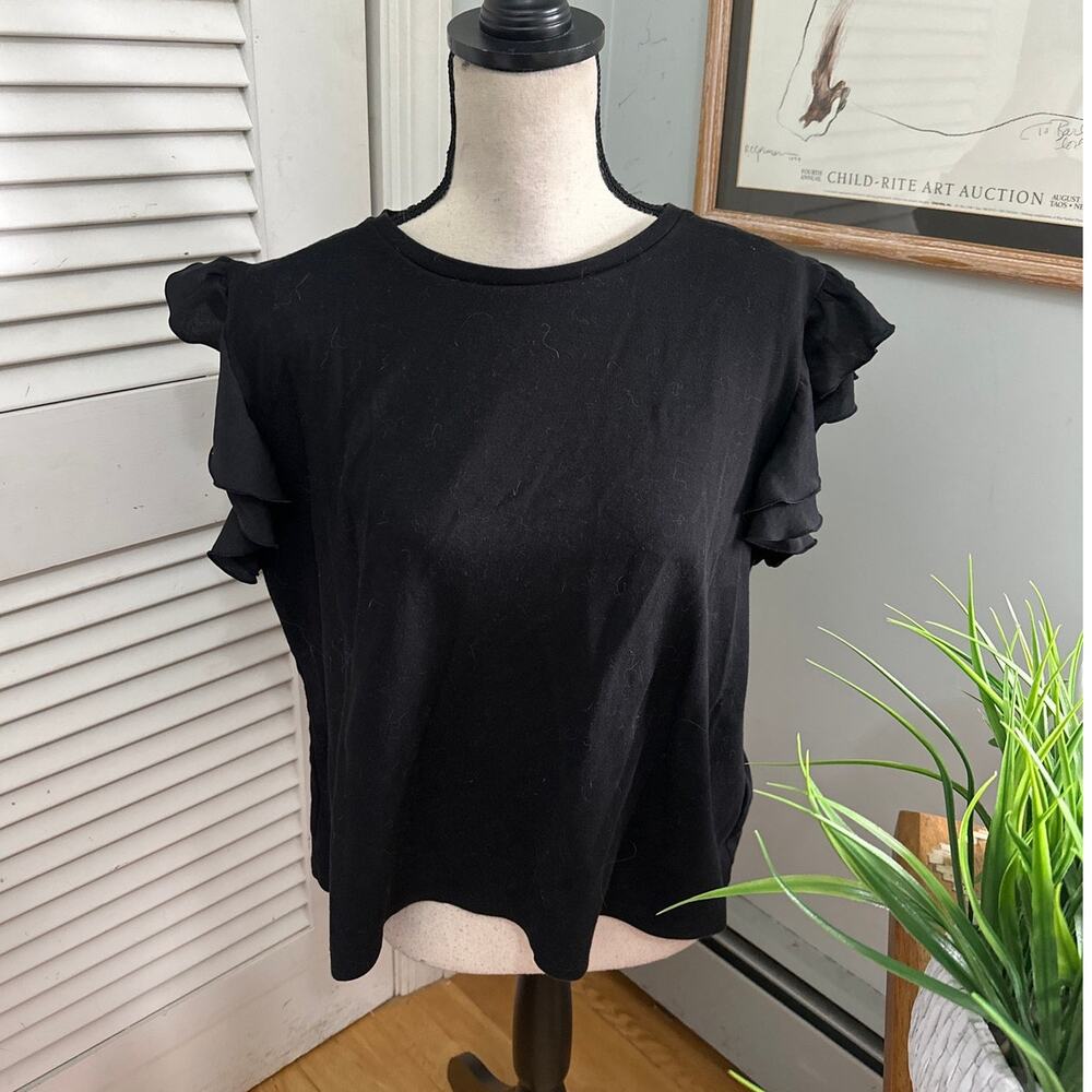 Vince Camuto Top Womens XL Black Afterglow Ruffle Cap Sleeve Dainty Minimalist